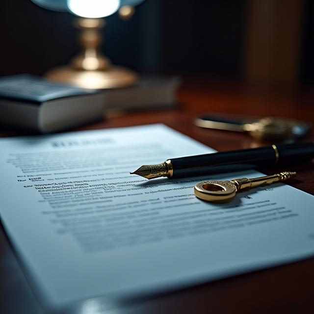Stacked legal documents and logistics keys on a dark wood surface